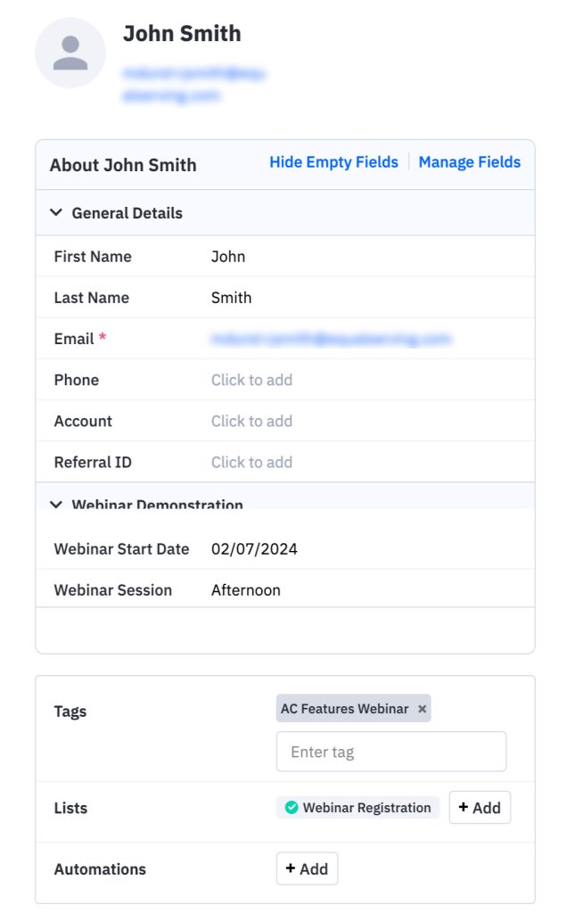 Webinar registration data fed into ActiveCampaign contact